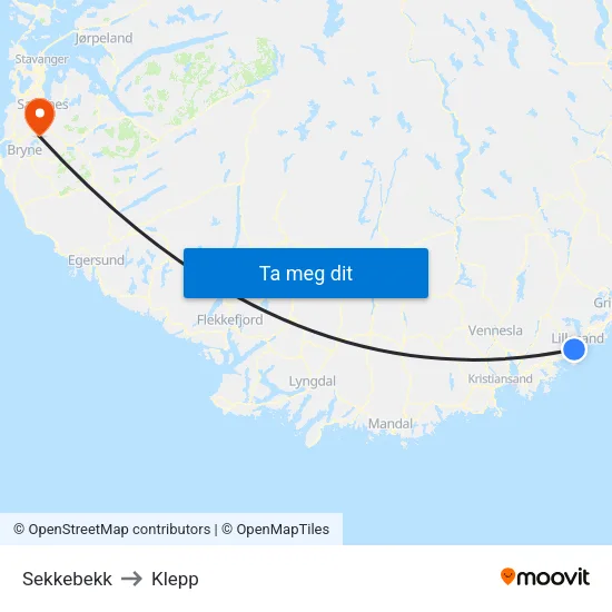 Sekkebekk to Klepp map