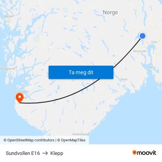 Sundvollen E16 to Klepp map