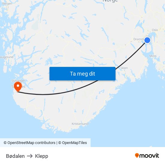 Bødalen to Klepp map