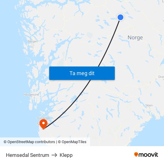 Hemsedal Sentrum to Klepp map