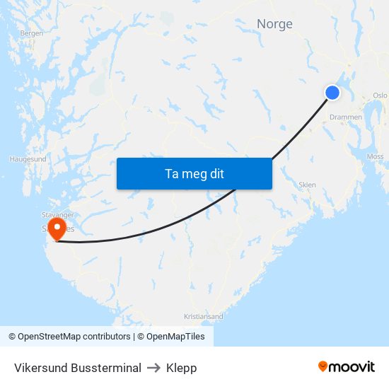 Vikersund Bussterminal to Klepp map