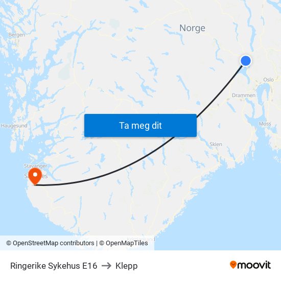 Ringerike Sykehus E16 to Klepp map