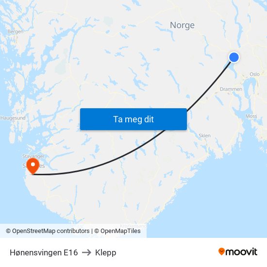 Hønensvingen E16 to Klepp map