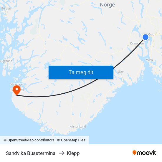 Sandvika Bussterminal to Klepp map