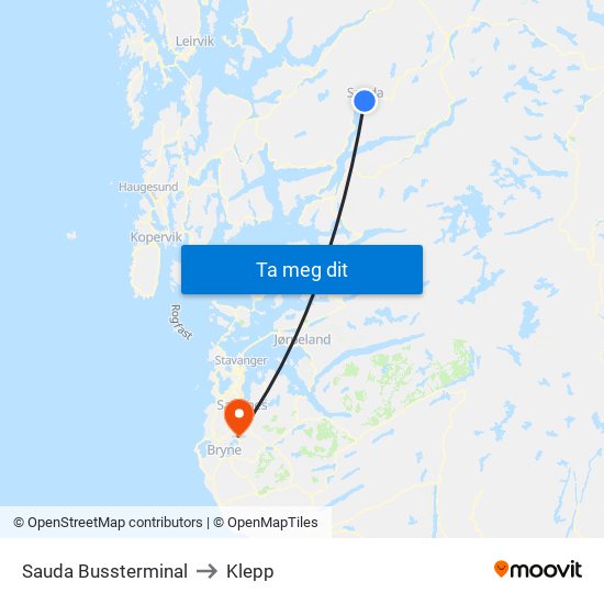 Sauda Bussterminal to Klepp map