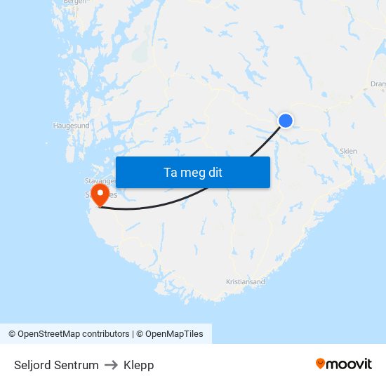Seljord Sentrum to Klepp map
