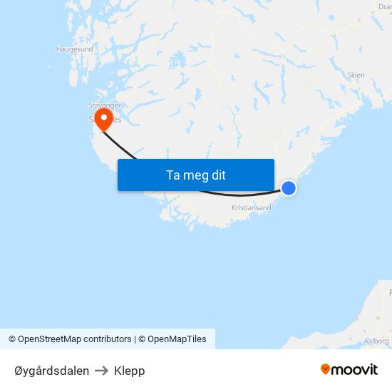 Øygårdsdalen to Klepp map