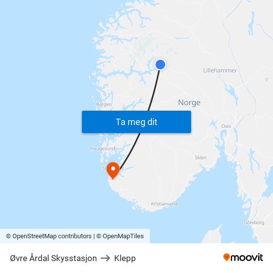 Øvre Årdal Skysstasjon to Klepp map