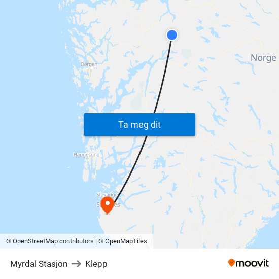 Myrdal Stasjon to Klepp map