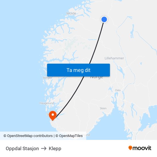 Oppdal Stasjon to Klepp map
