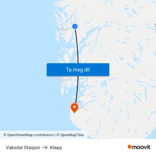 Vaksdal Stasjon to Klepp map