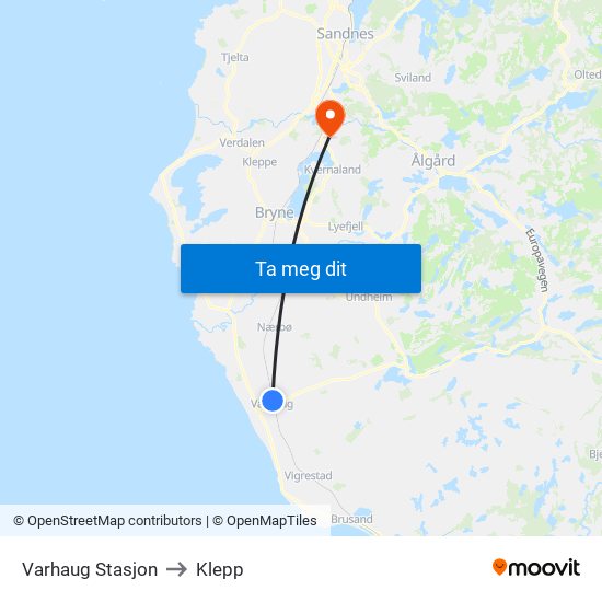 Varhaug Stasjon to Klepp map