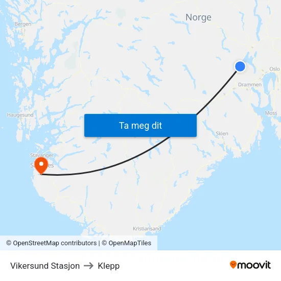 Vikersund Stasjon to Klepp map
