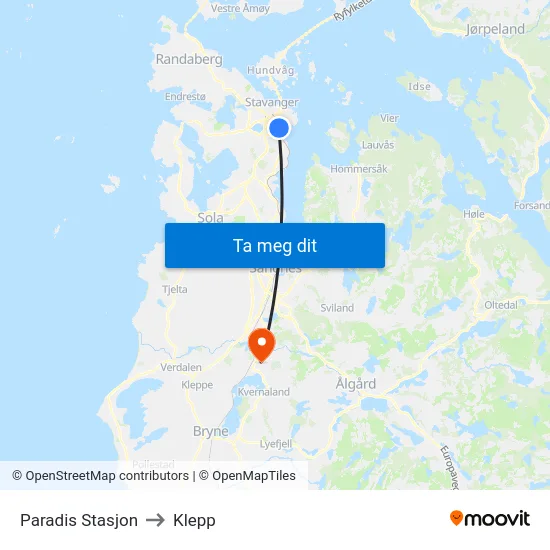Paradis Stasjon to Klepp map
