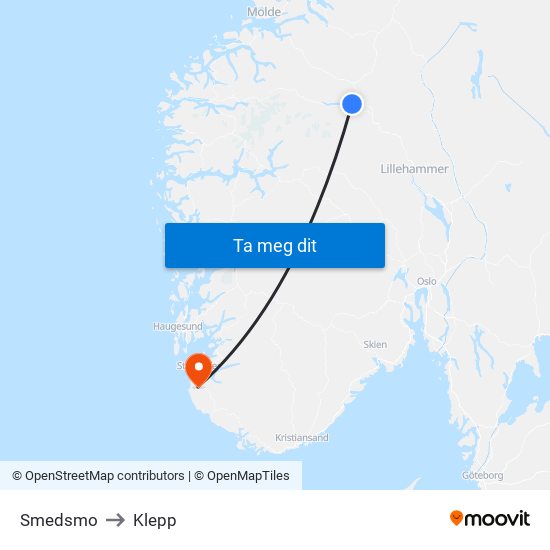 Smedsmo to Klepp map