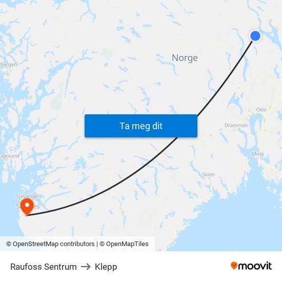 Raufoss Sentrum to Klepp map