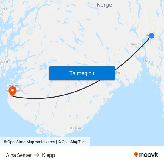Alna Senter to Klepp map