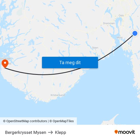 Bergerkrysset Mysen to Klepp map