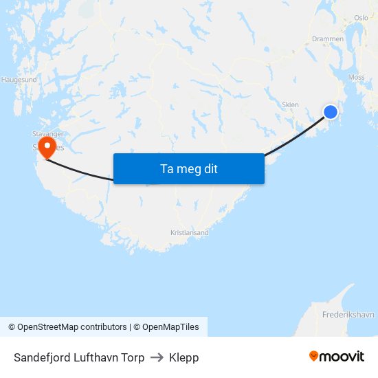 Sandefjord Lufthavn Torp to Klepp map