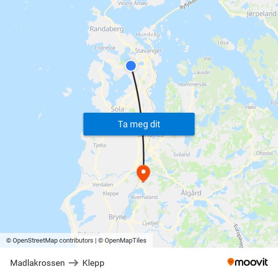 Madlakrossen to Klepp map