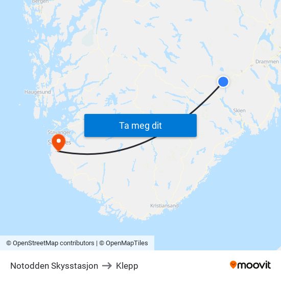 Notodden Skysstasjon to Klepp map