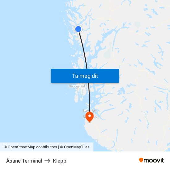 Åsane Terminal to Klepp map