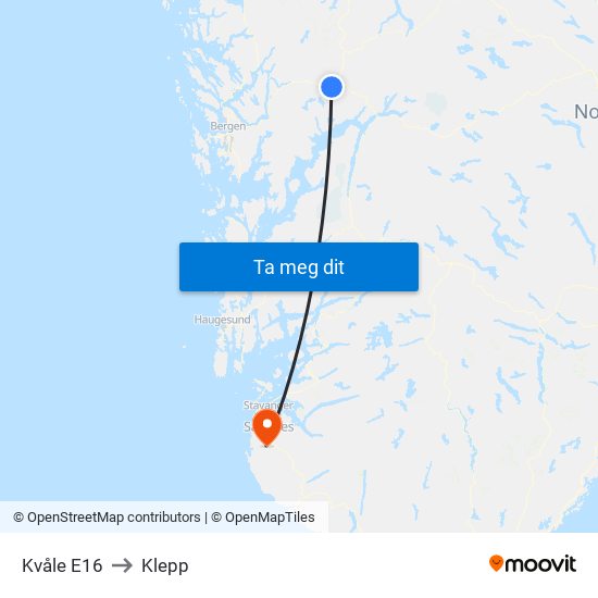 Kvåle E16 to Klepp map