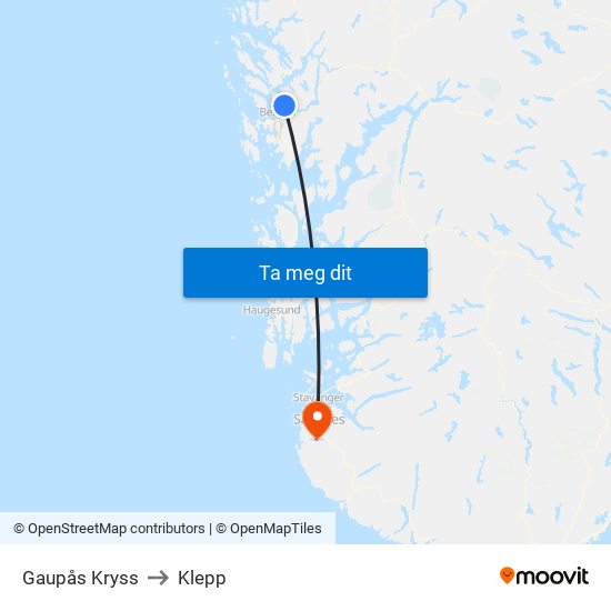 Gaupås Kryss to Klepp map