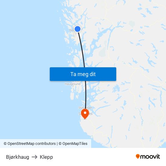 Bjørkhaug to Klepp map