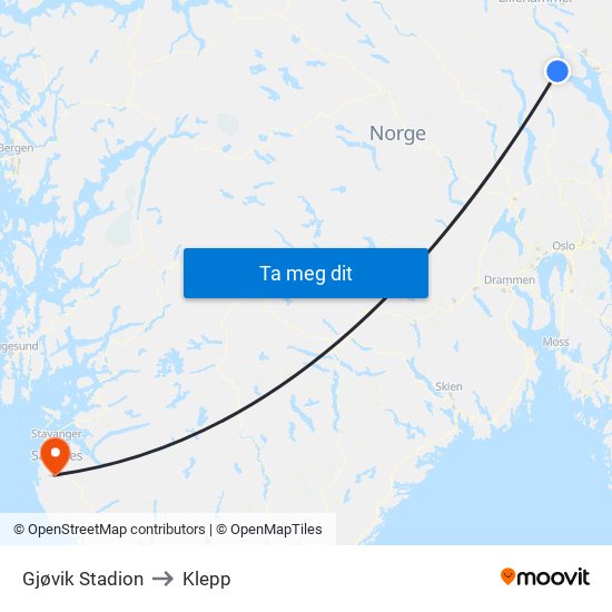 Gjøvik Stadion to Klepp map