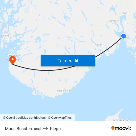 Moss Bussterminal to Klepp map