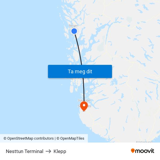 Nesttun Terminal to Klepp map