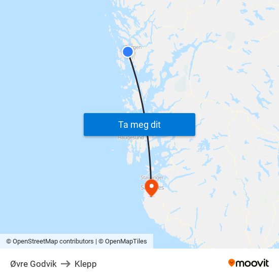 Øvre Godvik to Klepp map