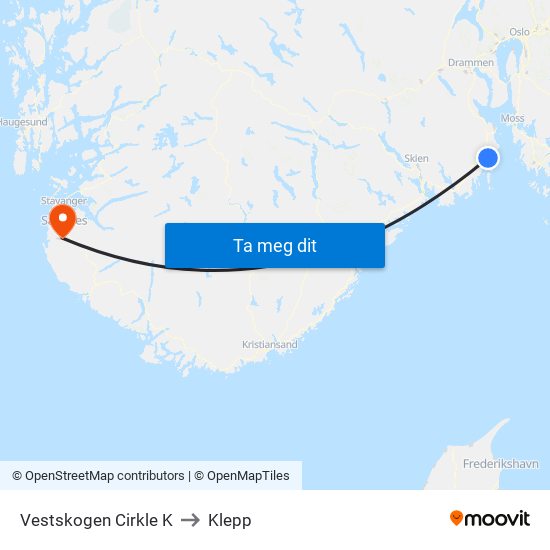 Vestskogen Cirkle K to Klepp map