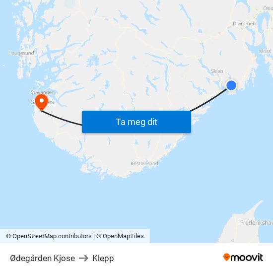 Ødegården Kjose to Klepp map