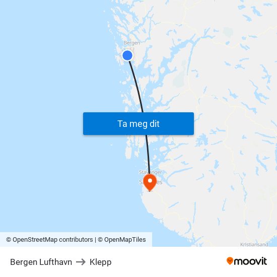 Bergen Lufthavn to Klepp map