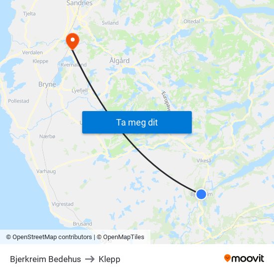 Bjerkreim Bedehus to Klepp map