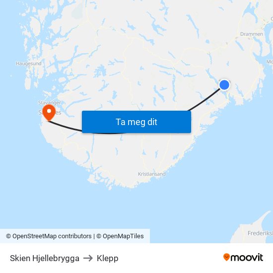 Skien Hjellebrygga to Klepp map