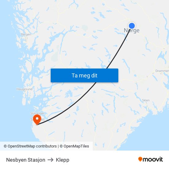 Nesbyen Stasjon to Klepp map