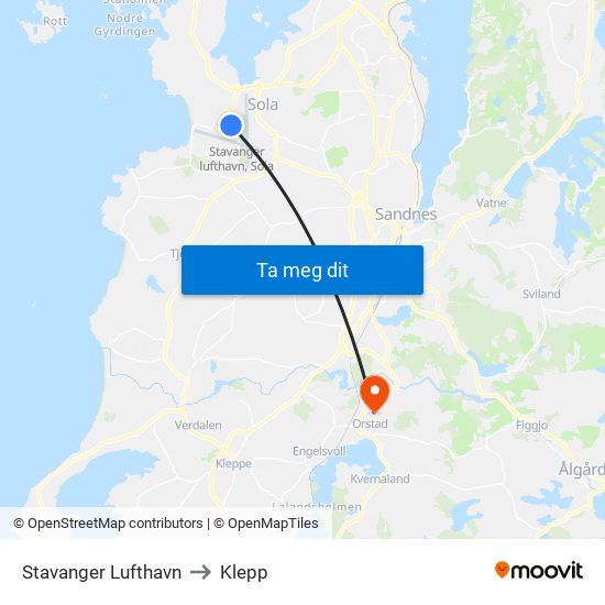 Stavanger Lufthavn to Klepp map