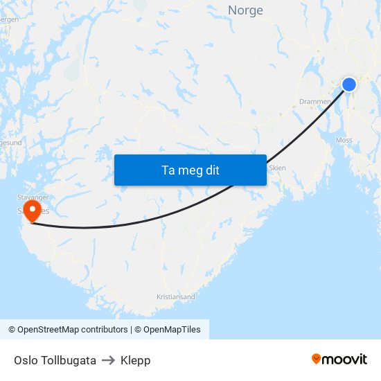 Oslo Tollbugata to Klepp map