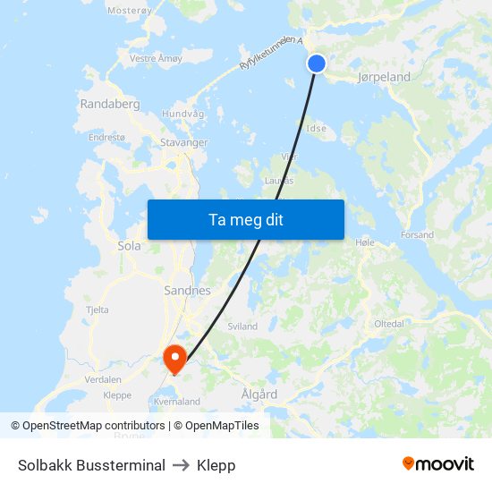 Solbakk Bussterminal to Klepp map