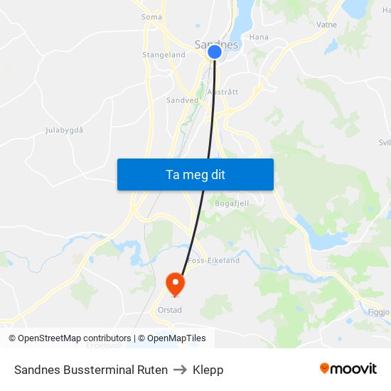 Sandnes Bussterminal Ruten to Klepp map