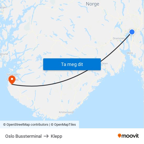 Oslo Bussterminal to Klepp map