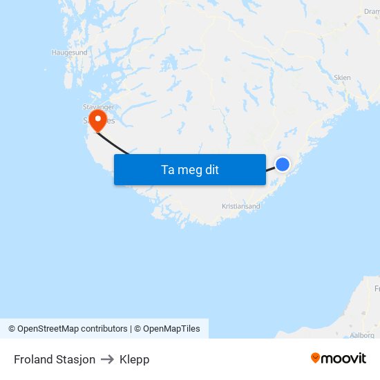 Froland Stasjon to Klepp map