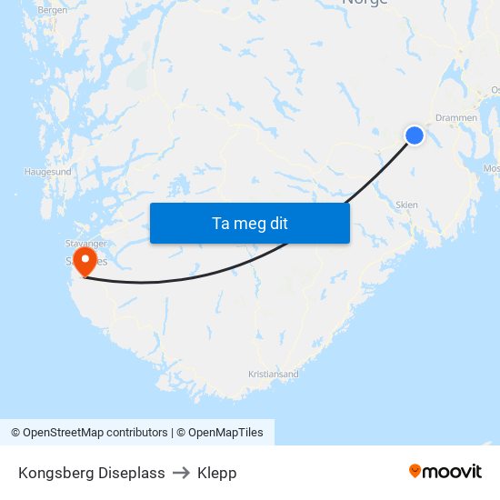 Kongsberg Diseplass to Klepp map