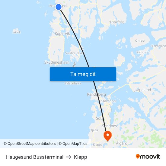 Haugesund Bussterminal to Klepp map
