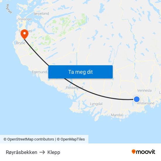 Røyråsbekken to Klepp map