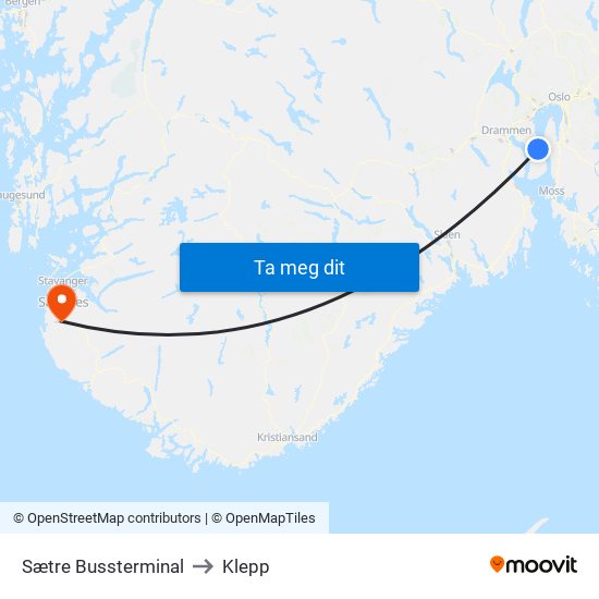 Sætre Bussterminal to Klepp map