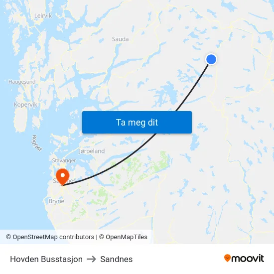 Hovden Busstasjon to Sandnes map